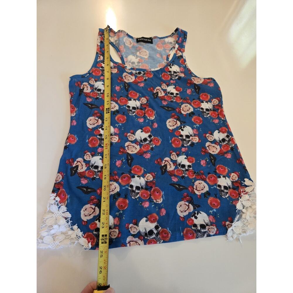 FANCYQUBE Women’s M/L Blue Floral Skull Racerback Tank Top Lace Hem - Picture 8 of 9